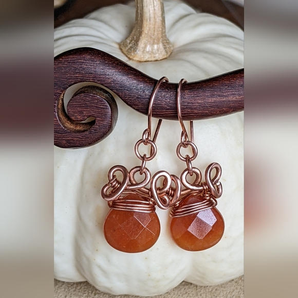 Artisan Copper Wire Wrapped Earrings Peach Aventurine Drops - Picture 1 of 14
